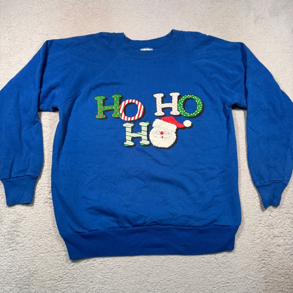 Vintage 90s Pannill Sweatshirt Womens L Blue Holiday Santa Christmas Made in USA